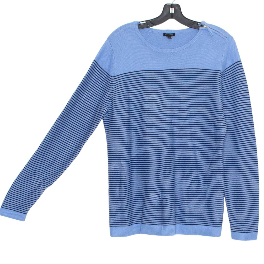 Talbots Sweater Coastal Preppy Nautical Casual Minimalist Stripe Blue Size Large